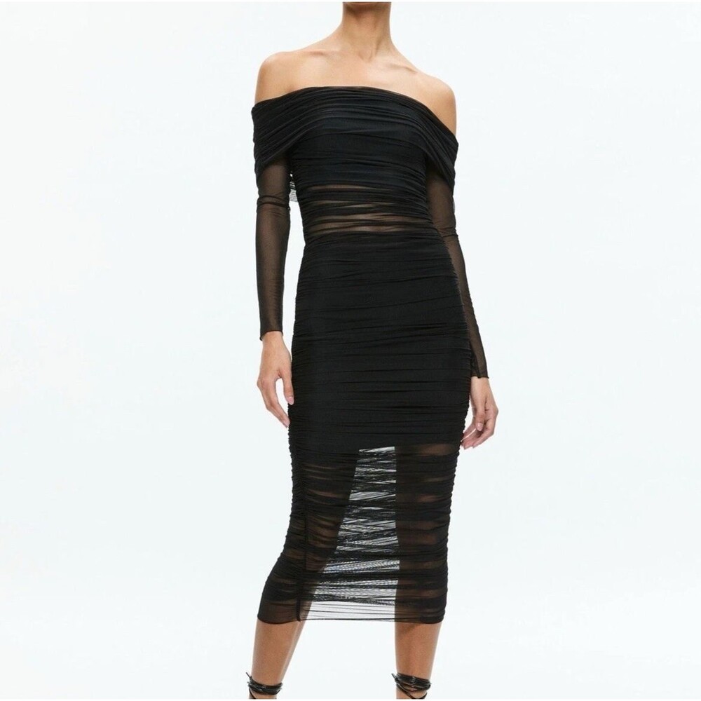 Alice & Olivia Black Mesh Midi Dress Women’s Size 2 Ruched Body-con Off Shoulder